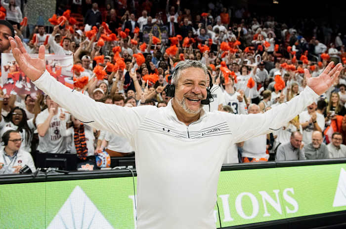 Auburn Tigers head coach Bruce Pearl celebrates after the game at Auburn Arena in Auburn, Ala., on Tuesday, Feb. 1, 2022. Auburn Tigers defeated Alabama Crimson Tide 100-81.